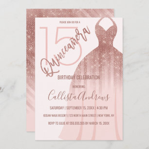 Elegant Pink Rose Gold Glitter Dress Quinceañera Invitation