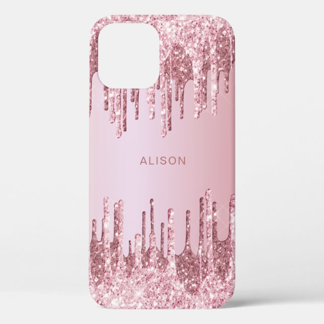 Elegant pink rose gold glitter drips custom name Case-Mate iPhone case (Back)