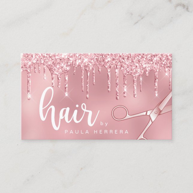 Elegant pink rose gold glitter drips hairstylist business card (Front)
