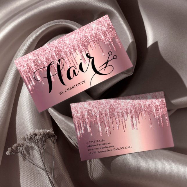 Elegant pink rose gold glitter drips hairstylist business card (Creator Uploaded)