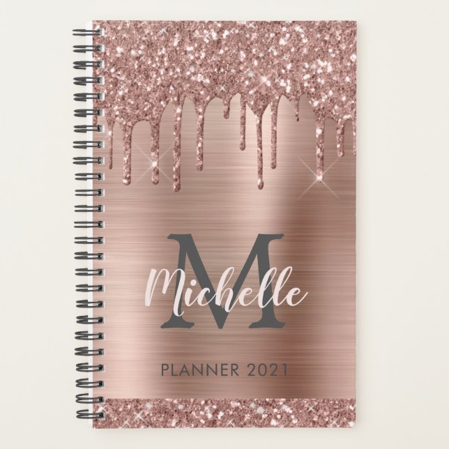 Elegant Pink Rose Gold Glitter Drips Monogram 2024 Planner (Front)