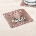Elegant Pink Rose Gold Glitter Drips Monogram Square Paper Coaster<br><div class="desc">Stylish, girly rose gold glitter drips custom name and monogrammed paper coaster. This design features blush rose gold glitter sparkle drips on pink brushed metal background with personalised monogram initial and first name text template. Perfect girly, feminine gift. Please note, this design is printed photo effect. If you need help...</div>