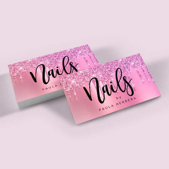 Elegant pink rose gold glitter drips nails  business card (Creator Uploaded)