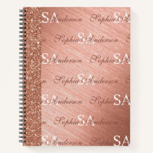 Elegant Pink Rose Gold Glitter Metal Monogrammed Notebook