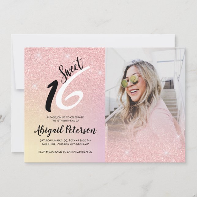 Elegant pink rose gold glitter ombre sweet sixteen invitation (Front)