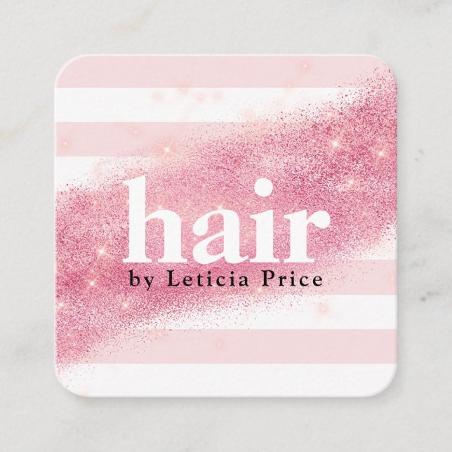 Elegant pink rose gold glitter stripes hair square business card (Front)
