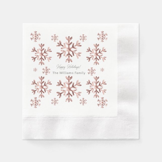 Elegant Pink Rose Gold Look Snowflakes Christmas Napkin (Front)