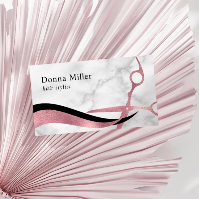 Elegant pink rose gold marble scissors hairstylist business card (Creator Uploaded)