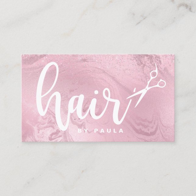 Elegant pink rose gold marble scissors hairstylist business card (Front)
