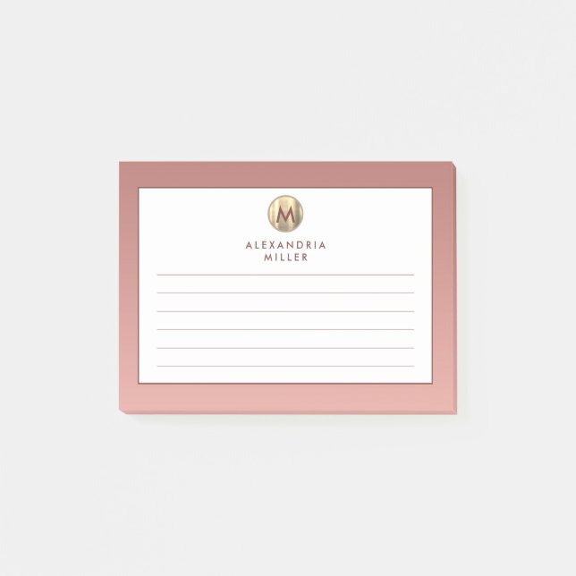 Elegant Pink Rose Gold Monogram Lined Post-it Notes (Front)