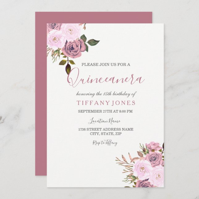 Elegant Pink & Rose Gold Quinceanera Invitation (Front/Back)