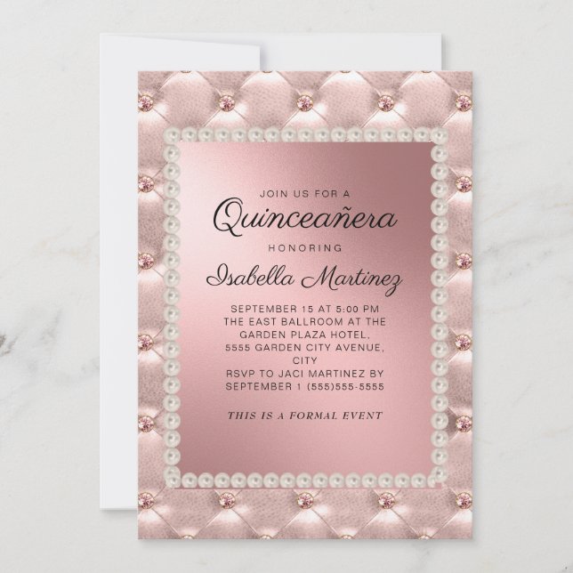 Elegant Pink Rose Gold Quinceañera Photo Pearls   Invitation (Front)