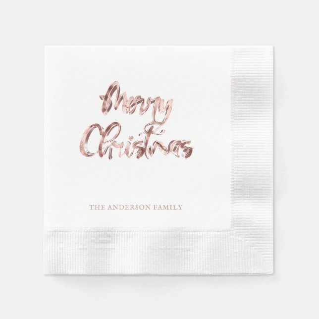 Elegant Pink Rose Gold Script Merry Christmas Napkin (Front)