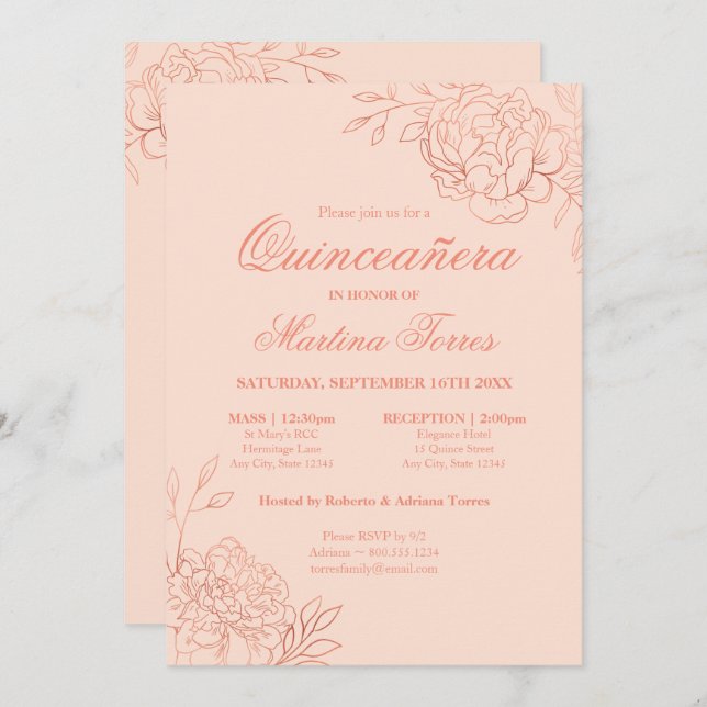 Elegant Pink Rose Gold Sketch Floral Quinceanera Invitation (Front/Back)