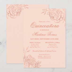 Elegant Pink Rose Gold Sketch Floral Quinceanera Invitation