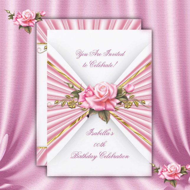 Elegant Pink Rose Gold White Birthday Party  Invitation (Creator Uploaded)