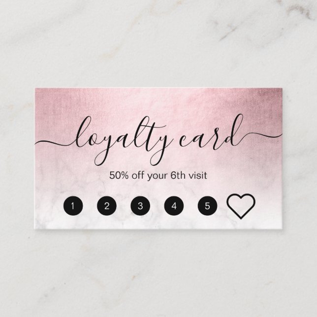 Elegant pink rose gold white marble makeup artist loyalty card (Front)