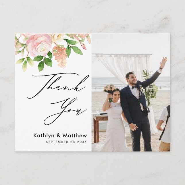 Elegant Pink Rose Greenery Photo Wedding Thank You Postcard (Front)