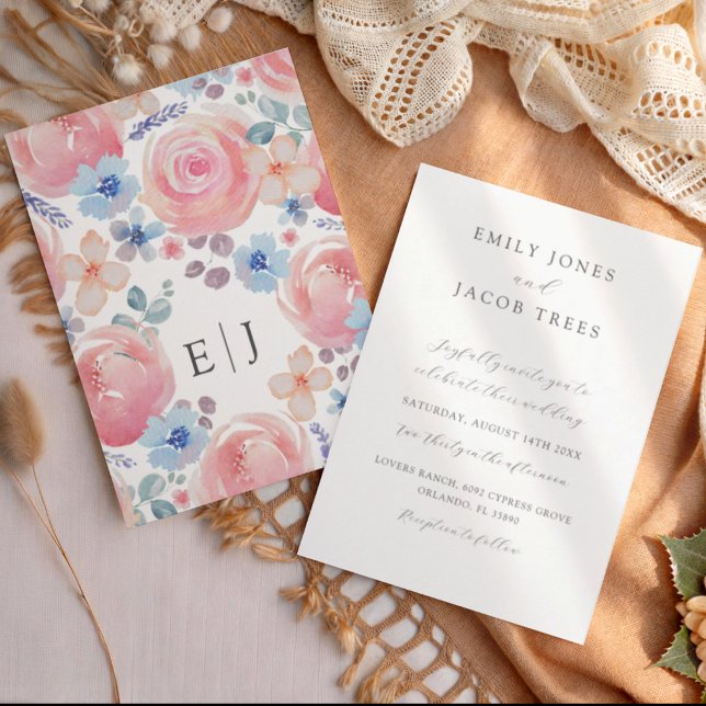 Elegant Pink Rose & Lavender  Watercolor Wedding Invitation (Creator Uploaded)
