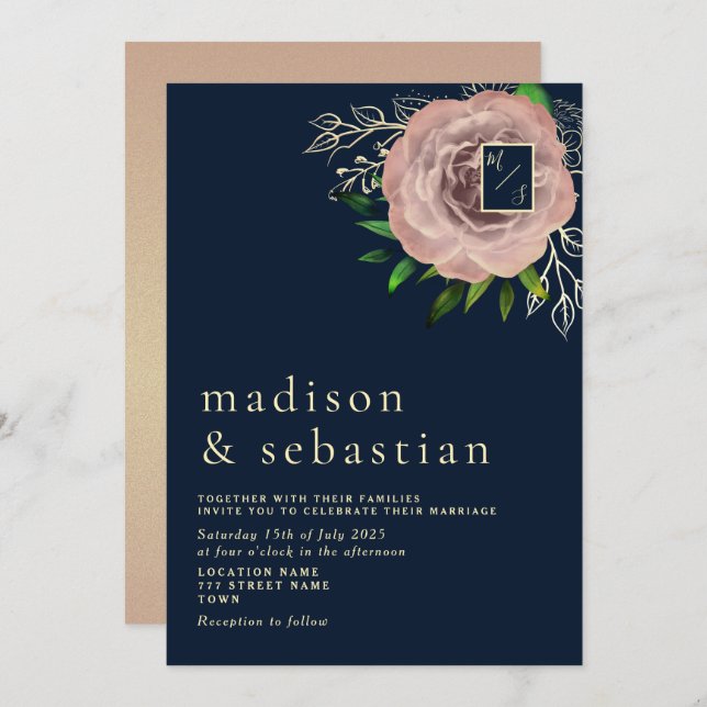 Elegant Pink Rose Navy Blue Gold Wedding Invite (Front/Back)