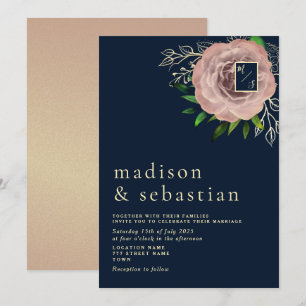 Elegant Pink Rose Navy Blue Gold Wedding Invite