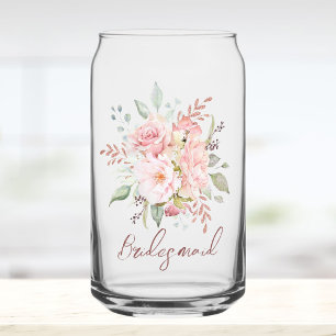 Elegant Pink Rose Peony Floral Bridesmaid Can Glass