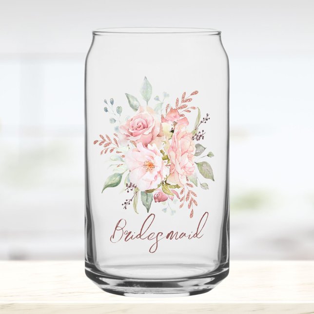 Elegant Pink Rose Peony Floral Bridesmaid Can Glass (In situ)