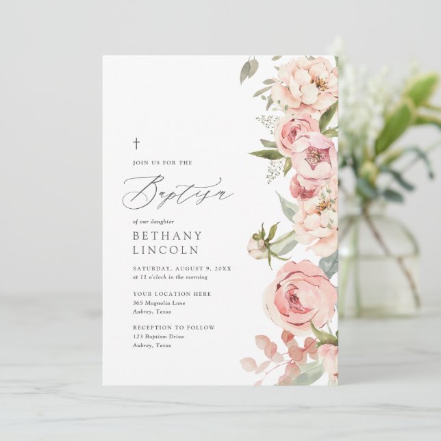 Elegant Pink Rose Peony Floral Girl Baptism Invitation (Standing Front)