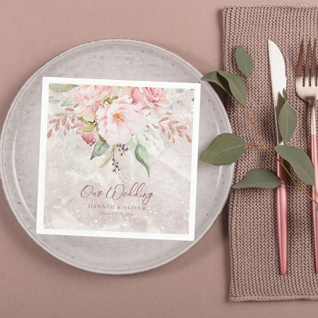 Elegant Pink Rose Peony Floral Marble Wedding  Napkin (In situ)