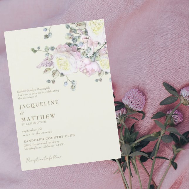 Elegant Pink Rose & Peony Yellow Wedding Invitation (Creator Uploaded)