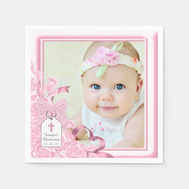 Elegant Pink Rose Photo Christening Napkin (Front)
