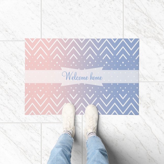 Elegant Pink rose quartz Blue pastel Chevron Text Doormat (Indoor)