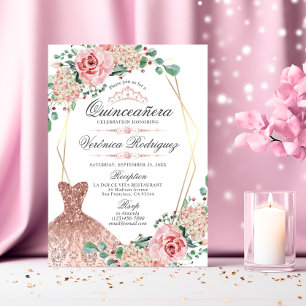 Elegant Pink Rose Quinceañera Quince Crown Tiara Invitation