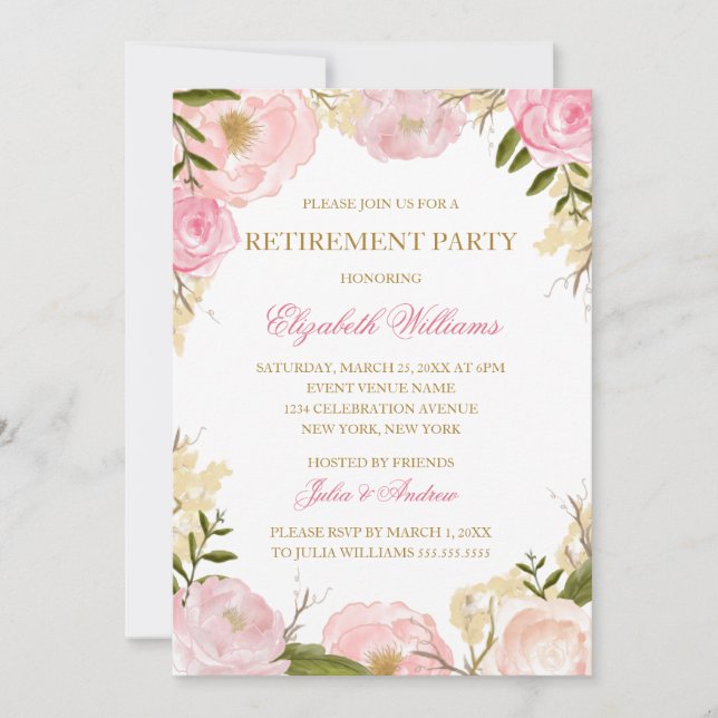 Elegant Pink Rose Retirement Party Card (Front)