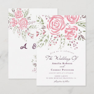 Elegant Pink Rose Romance Watercolor  Invitation