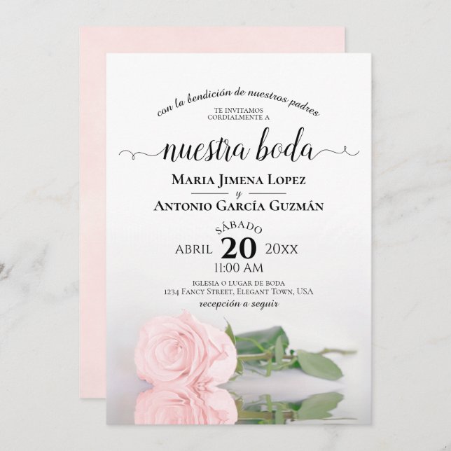 Elegant Pink Rose Spanish Nuestra Boda Wedding Invitation (Front/Back)