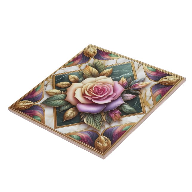 Elegant Pink Rose Surrounded by Colourful Leaves Tile (Side)