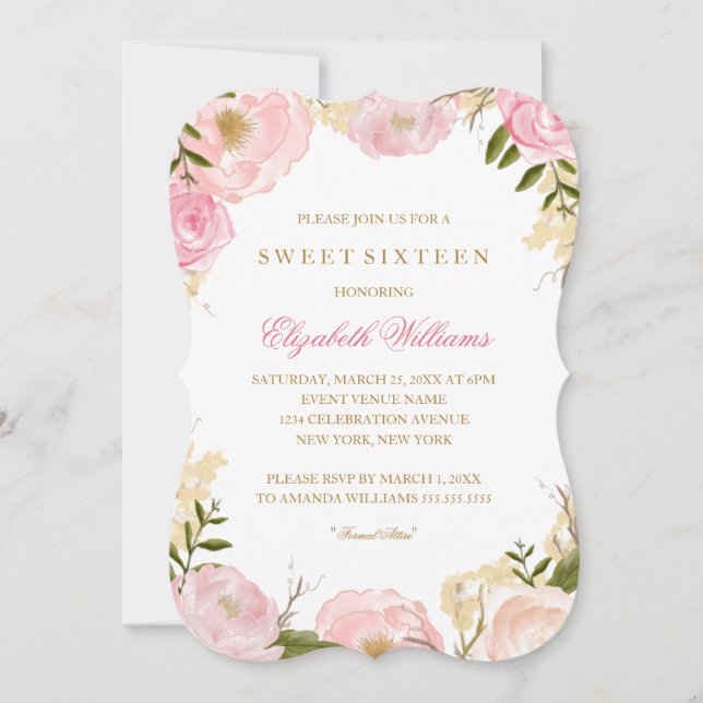 Elegant Pink Rose Sweet Sixteen Invitation (Front)