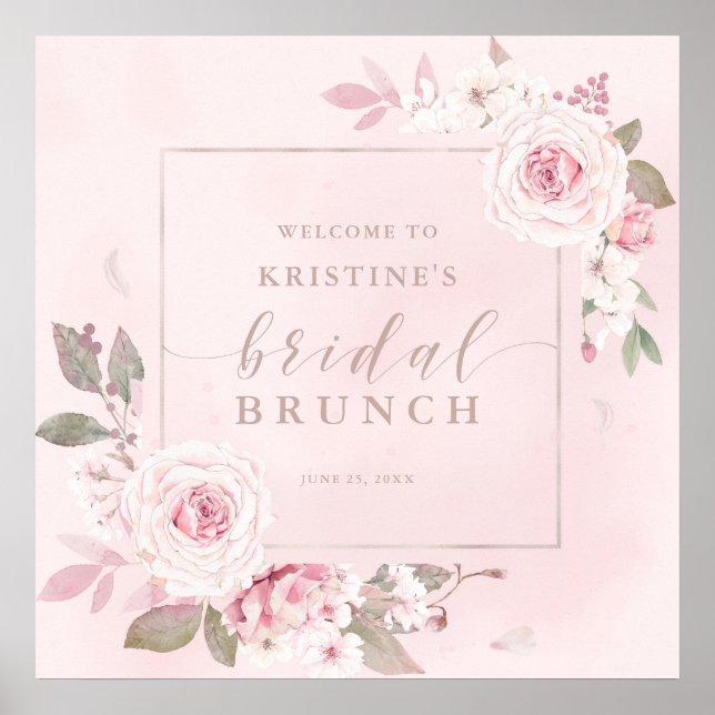 Elegant Pink Rose Watercolor Bridal Brunch Welcome Poster (Front)