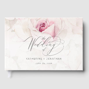 Elegant Pink Rose Watercolor Floral Script Wedding Guest Book