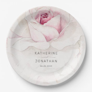Elegant Pink Rose Watercolor Floral Script Wedding Paper Plate
