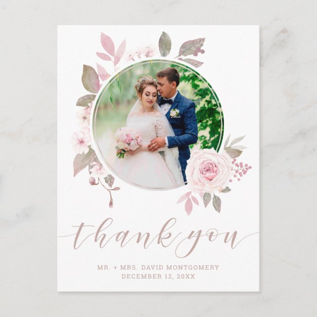 Elegant Pink Rose Watercolor Floral Wedding Photo Postcard (Front)