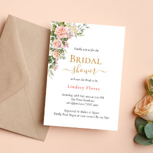Elegant Pink Rose Watercolor Gold Bridal Shower Invitation