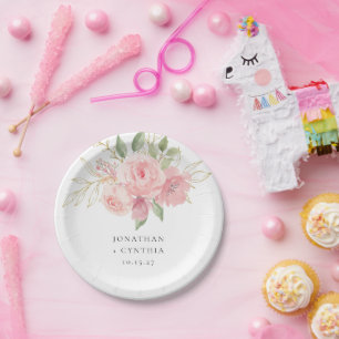 Elegant Pink Rose Watercolor Golden Floral Wedding Paper Plate