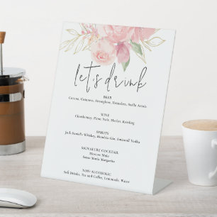 Elegant Pink Rose Watercolor Golden Floral Wedding Pedestal Sign