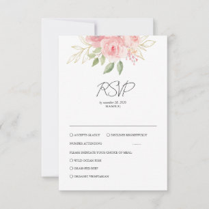 Elegant Pink Rose Watercolor Golden Floral Wedding RSVP Card