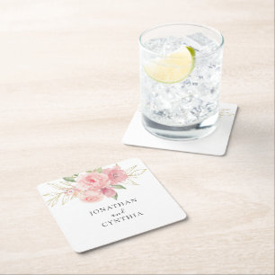 Elegant Pink Rose Watercolor Golden Floral Wedding Square Paper Coaster