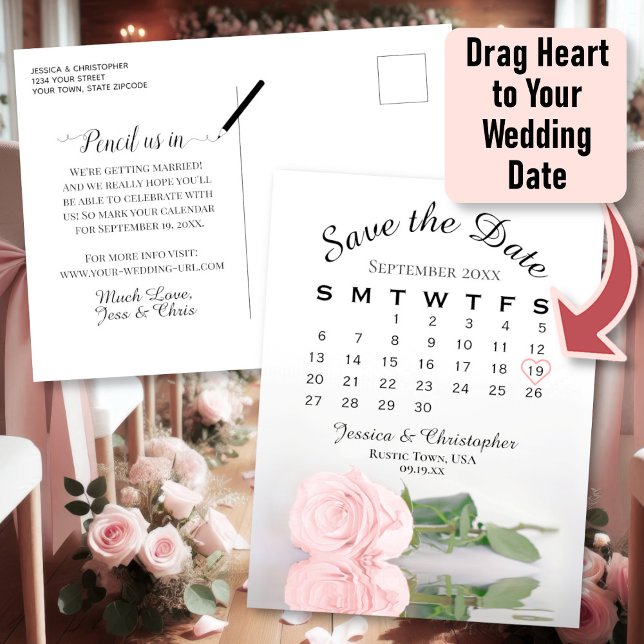 Elegant Pink Rose Wedding Calendar Save the Date Announcement Postcard (Front/Back)