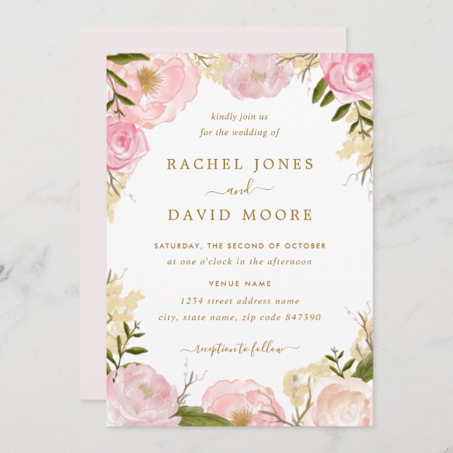 Elegant Pink Rose Wedding Invitation (Front/Back)