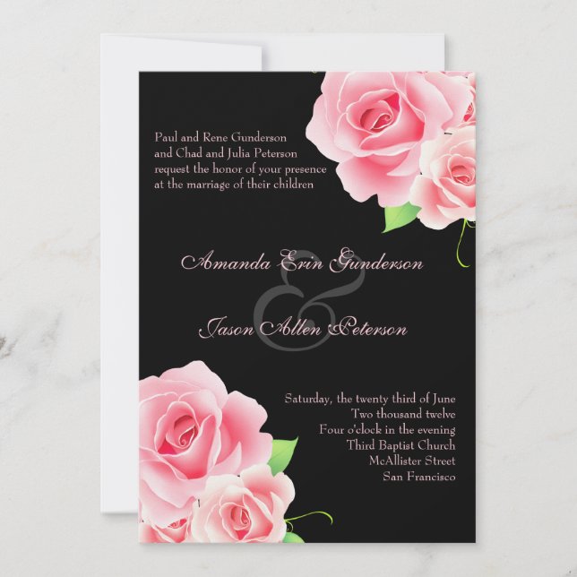 Elegant Pink Rose Wedding Invitation [Black] (Front)